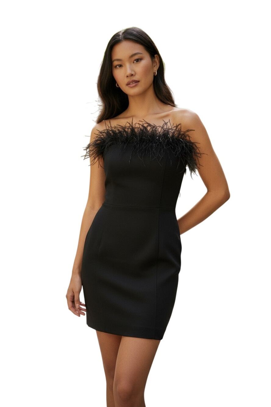 Marella Lira $490 Black Strapless Dress with removable ostrich feathers Size 2